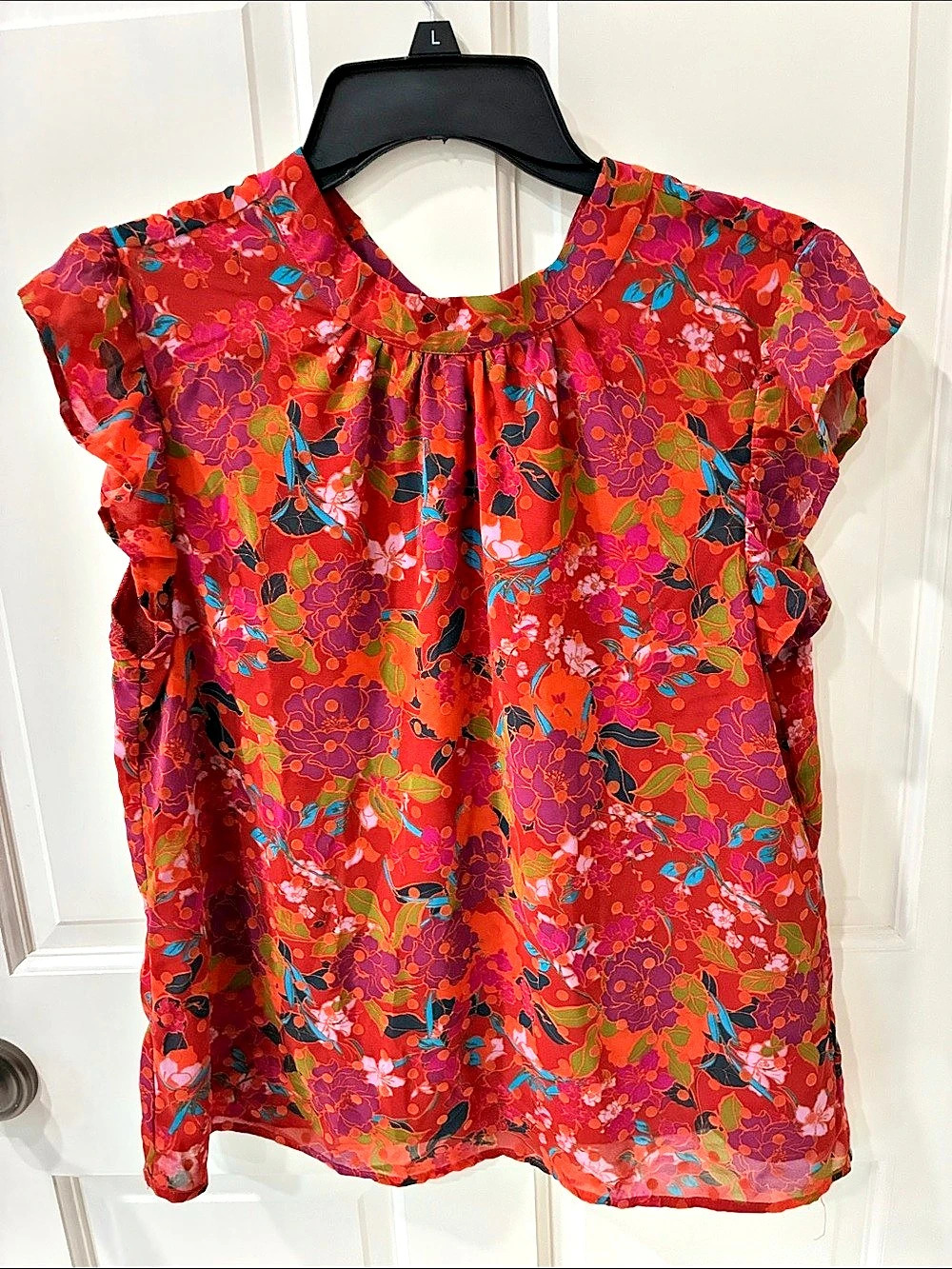 DR2 Floral Tie Neck Blouse in Red & Purple Size Medium